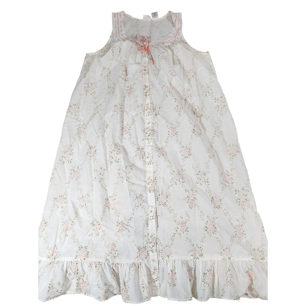 Quiet Moments Nightgown Womens 1X White Pink Floral Lace Ruffle Button Front